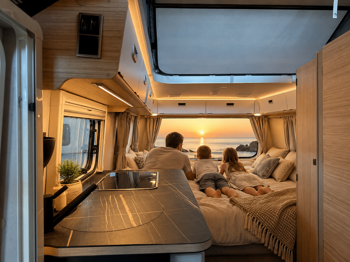 Familie im Eriba 642 beim Sonnenaufgang mit Blick aufs Meer